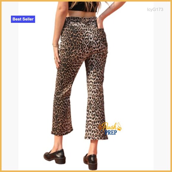 Cropped Mid Rise Stretchy Flared Denim Jeans, Leopard Print - Picture 4 of 7
